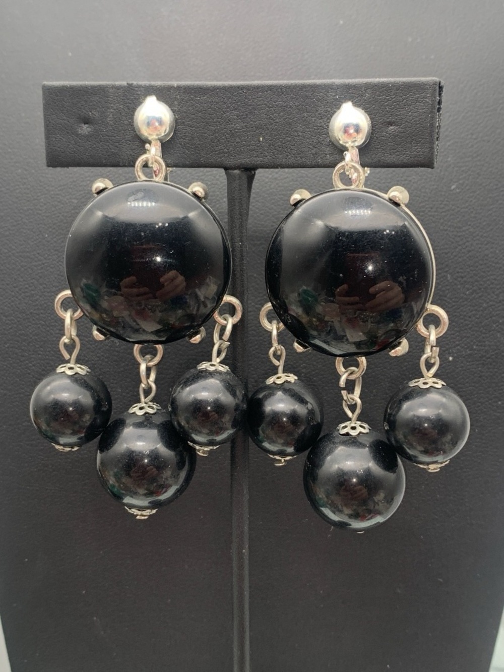 Chunky silver tone & Black Bead Dangle clip on Earrings - Women Jewelry
